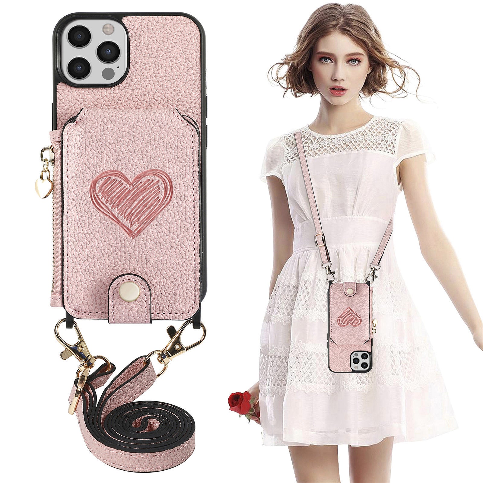 For iPhone 13 Pro Max 6.7 inch Heart Imprinted Zipper Wallet PU Leather PC TPU Phone Cover Kickstand Case