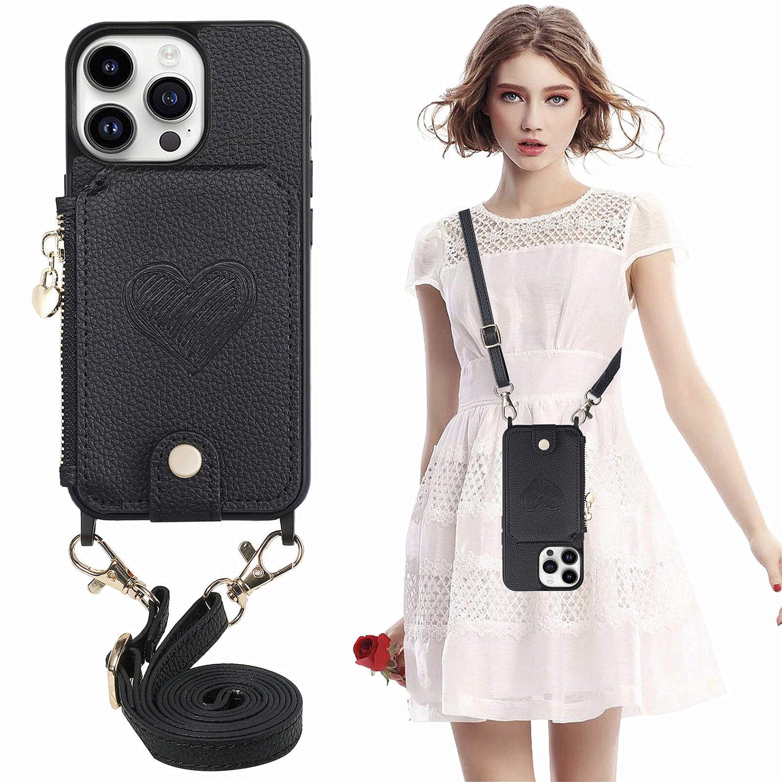 Kickstand Case for iPhone 14 Pro Zipper Wallet Anti-scratch PU Leather PC TPU Phone Cover with Lanyard