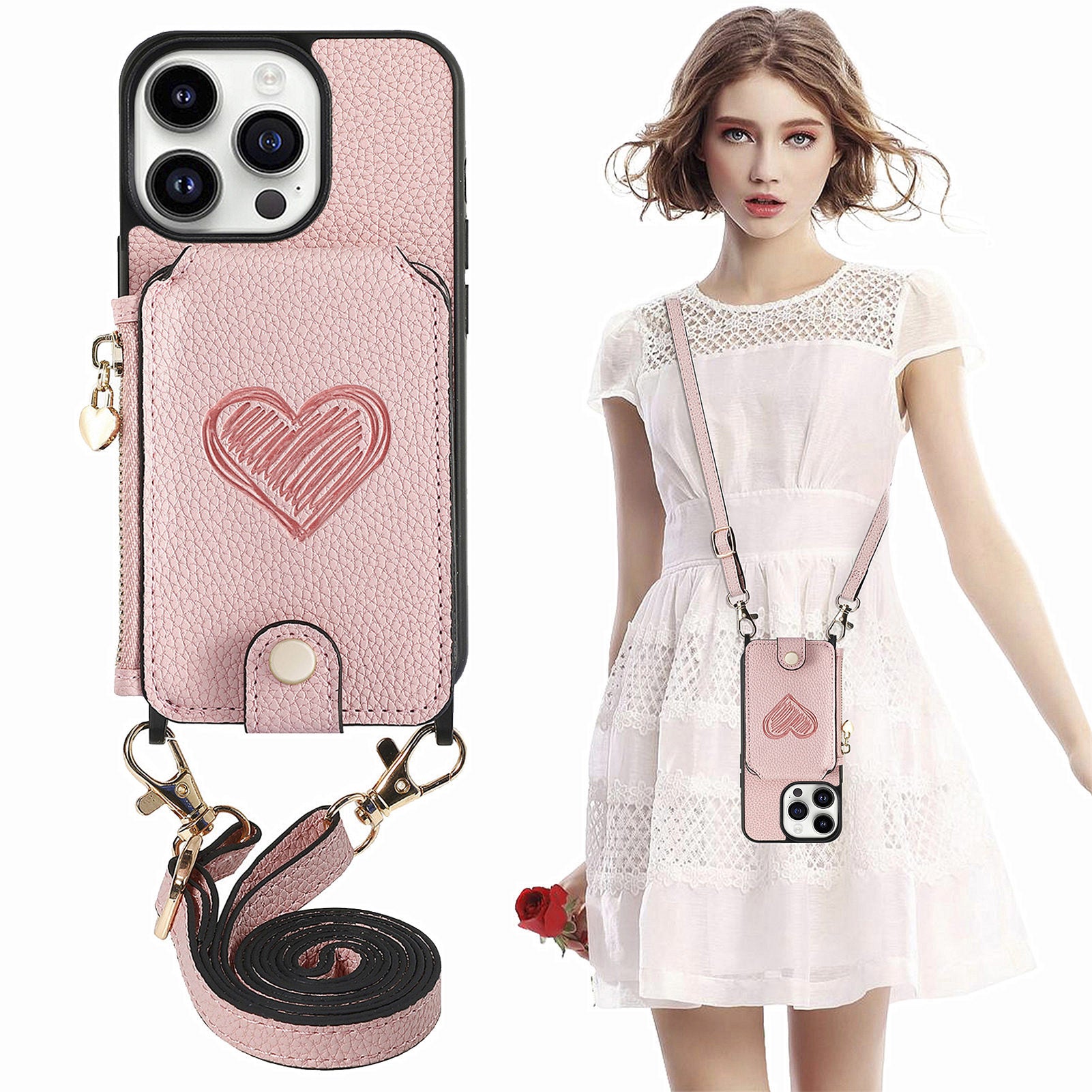 Kickstand Case for iPhone 14 Pro Zipper Wallet Anti-scratch PU Leather PC TPU Phone Cover with Lanyard