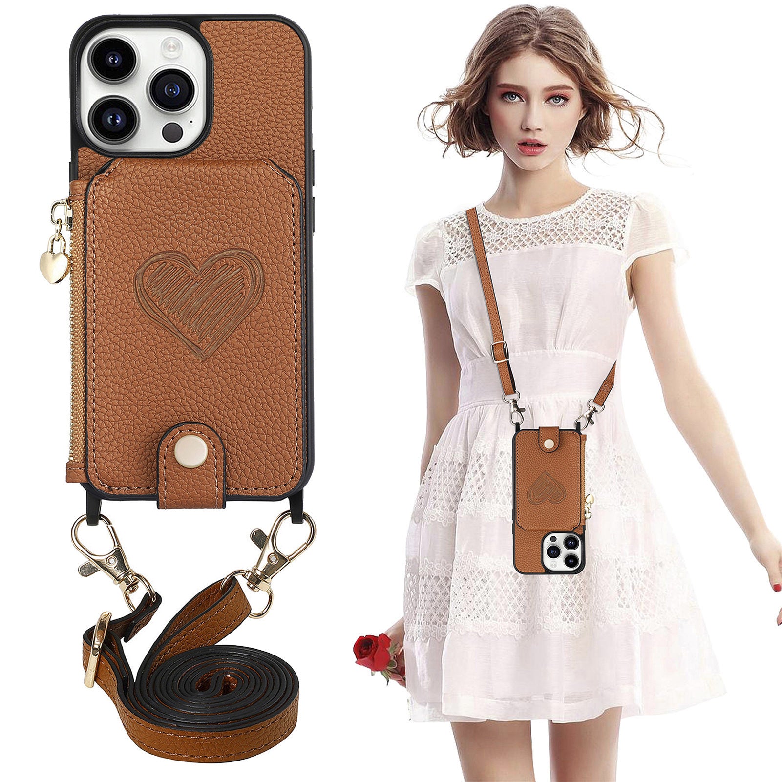 Anti-drop Case for iPhone 13 Pro 6.1 inch Zipper Wallet Kickstand PU Leather PC TPU Phone Cover with Lanyard