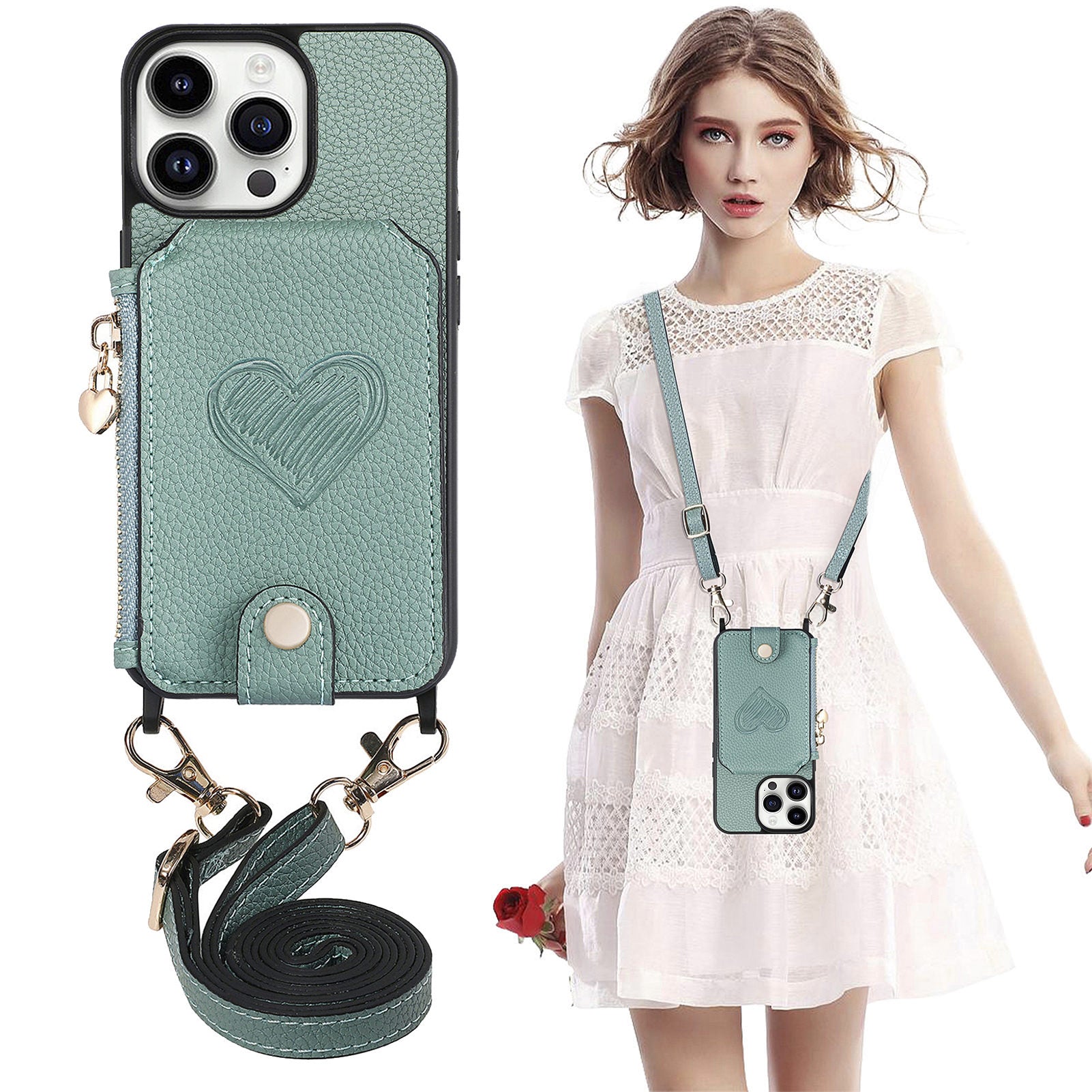 Anti-drop Case for iPhone 13 Pro 6.1 inch Zipper Wallet Kickstand PU Leather PC TPU Phone Cover with Lanyard