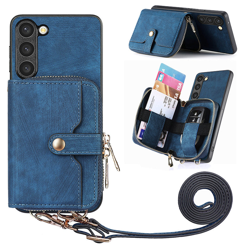 Zipper Wallet Kickstand Case for Samsung Galaxy S23 PU Leather PC TPU Phone Cover with Lanyard