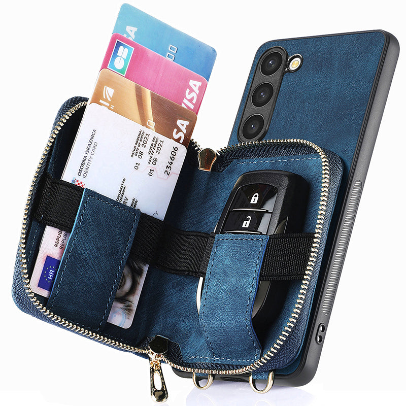Zipper Wallet Kickstand Case for Samsung Galaxy S23 PU Leather PC TPU Phone Cover with Lanyard