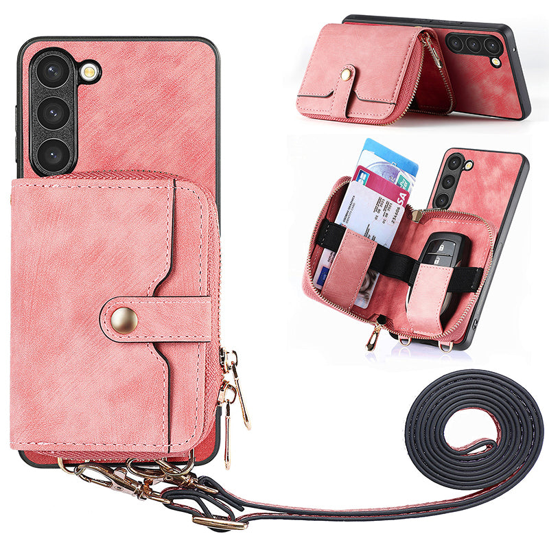 Zipper Wallet Kickstand Case for Samsung Galaxy S23 PU Leather PC TPU Phone Cover with Lanyard