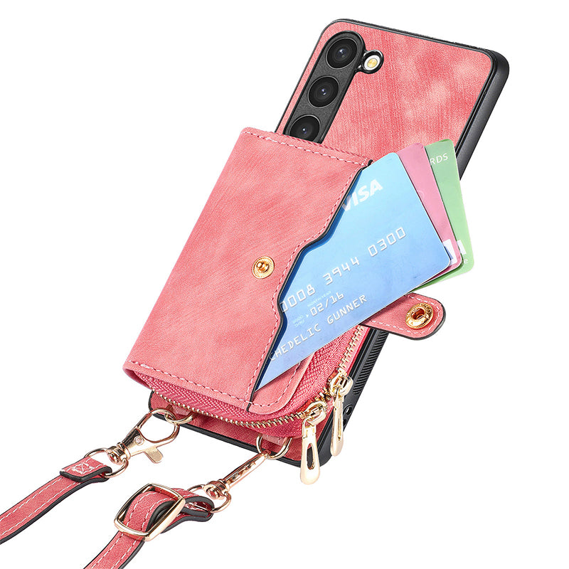 Zipper Wallet Kickstand Case for Samsung Galaxy S23 PU Leather PC TPU Phone Cover with Lanyard