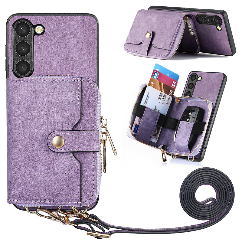 Zipper Wallet Kickstand Case for Samsung Galaxy S23 PU Leather PC TPU Phone Cover with Lanyard