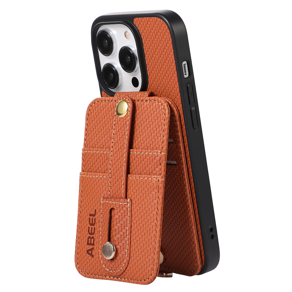 ABEEL Style 02 For iPhone 14 Pro Max Kickstand Cover with RFID Blocking Card Holder Carbon Fiber Texture PU Leather TPU Phone Case