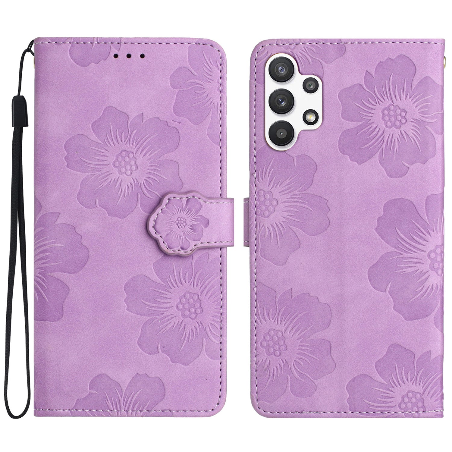 For Samsung Galaxy A13 4G Anti-Fingerprint Phone Cover Stand Imprinted Flowers PU Leather Case Shell