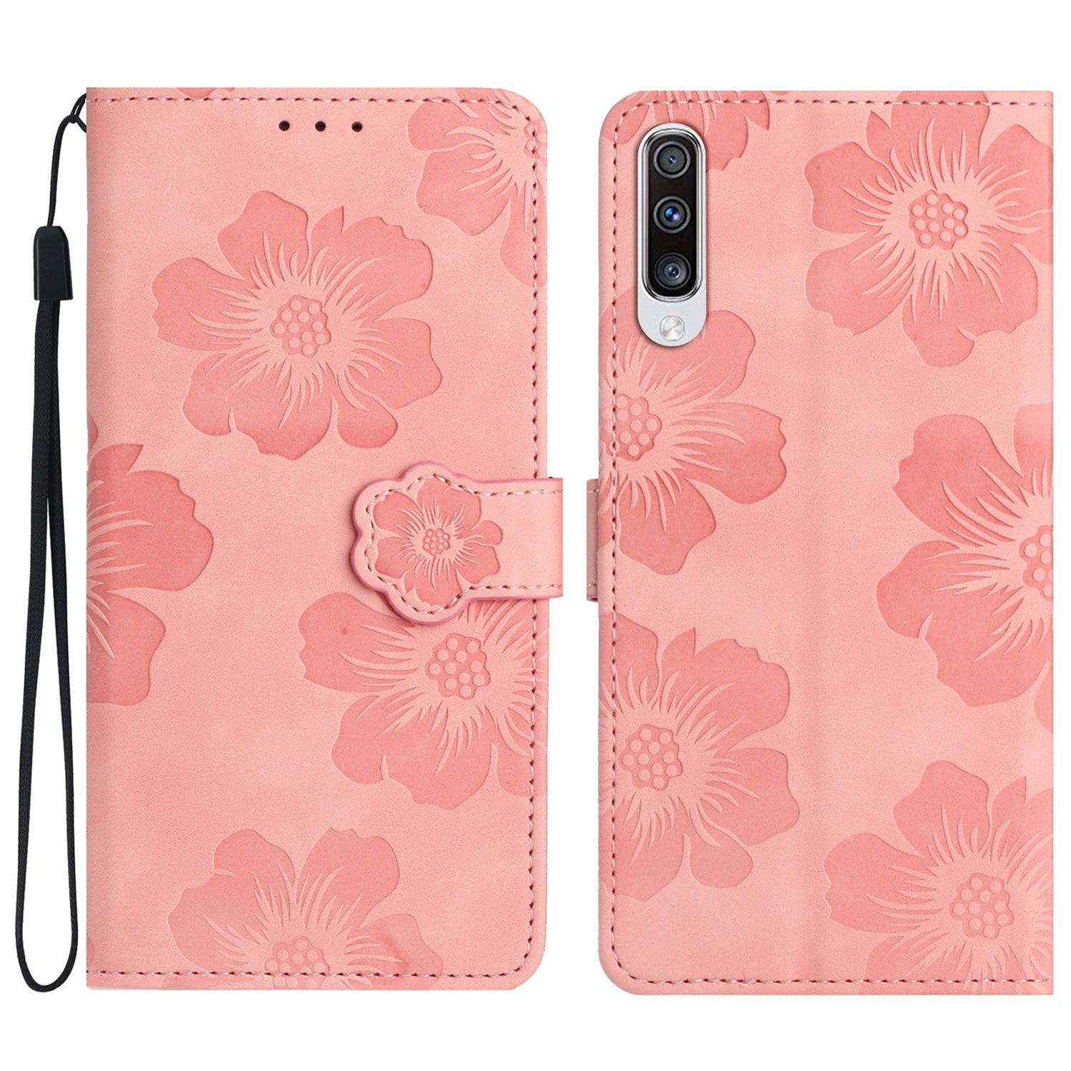 For Samsung Galaxy A50 / A50s / A30s Flowers Imprinted Leather Phone Cover Wallet Stand Case with Strap