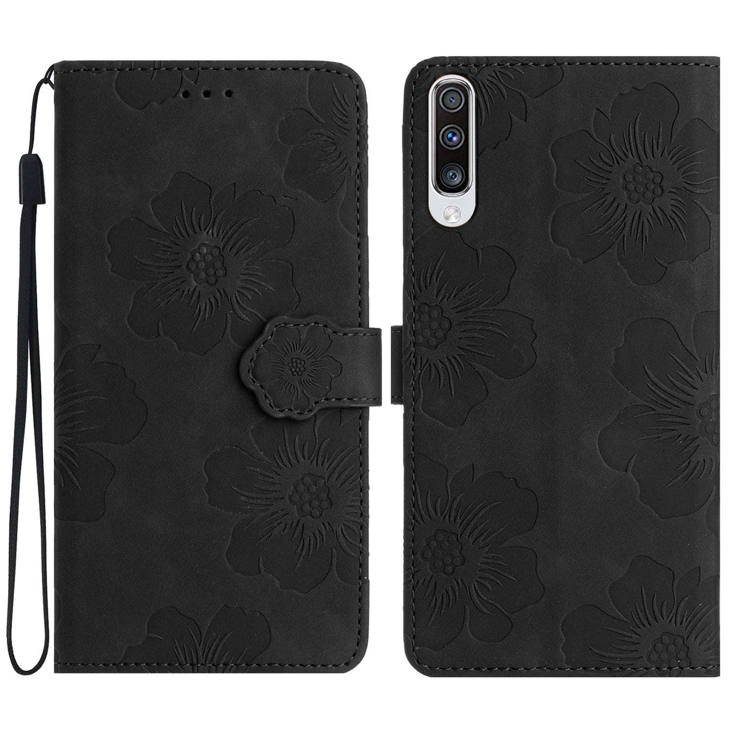 For Samsung Galaxy A50 / A50s / A30s Flowers Imprinted Leather Phone Cover Wallet Stand Case with Strap