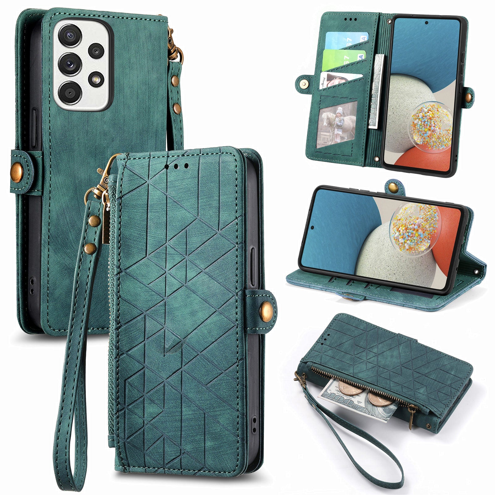 For Samsung Galaxy A53 5G Geometry Imprinted Phone Cover Zipper Pocket Leather Case with Wallet Stand