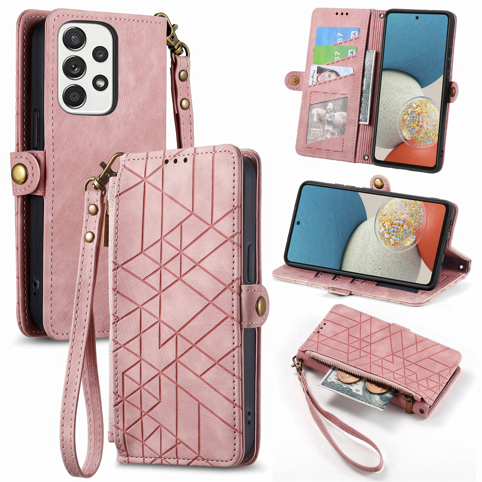 For Samsung Galaxy A53 5G Geometry Imprinted Phone Cover Zipper Pocket Leather Case with Wallet Stand