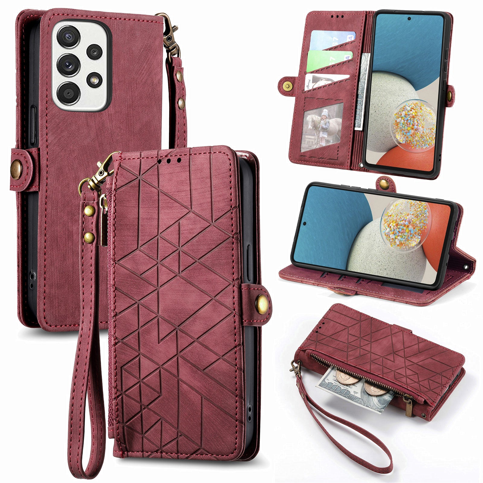 For Samsung Galaxy A53 5G Geometry Imprinted Phone Cover Zipper Pocket Leather Case with Wallet Stand
