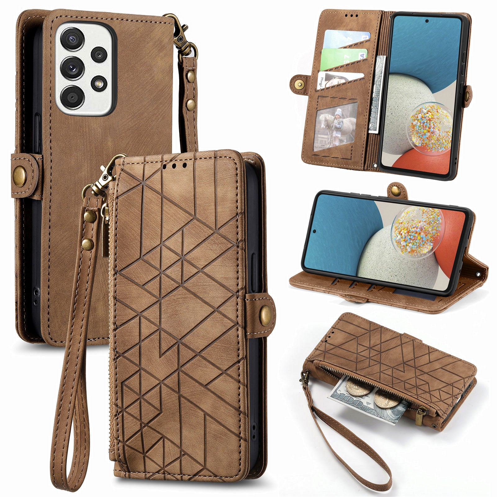 For Samsung Galaxy A53 5G Geometry Imprinted Phone Cover Zipper Pocket Leather Case with Wallet Stand
