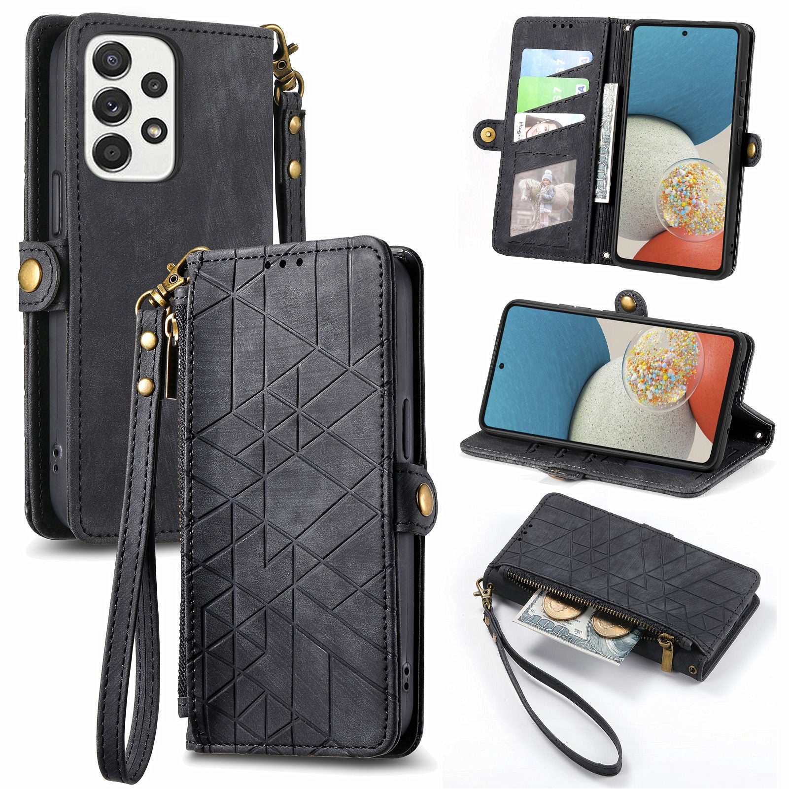 For Samsung Galaxy A53 5G Geometry Imprinted Phone Cover Zipper Pocket Leather Case with Wallet Stand