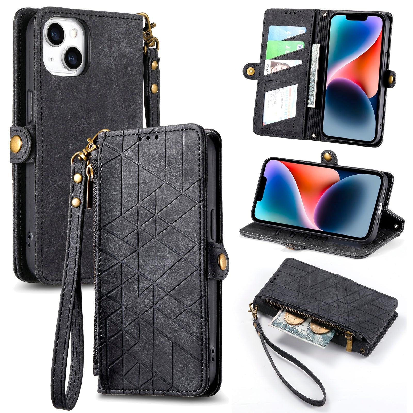 Pouzdro na zip Pocket Stand pro iPhone 14 Plus Kryt peněženky s potiskem PU kůže s geometrií