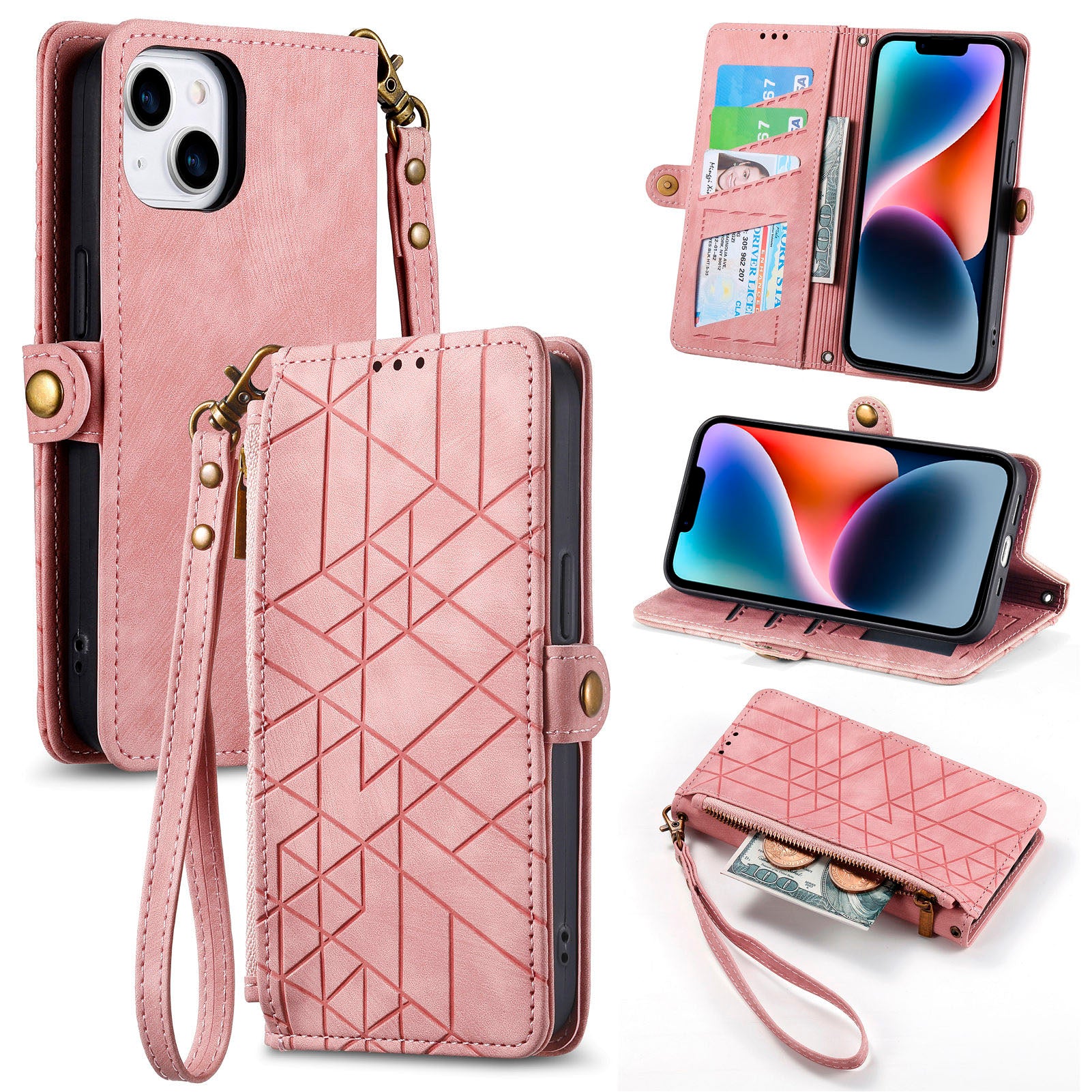 Pouzdro na zip Pocket Stand pro iPhone 14 Plus Kryt peněženky s potiskem PU kůže s geometrií