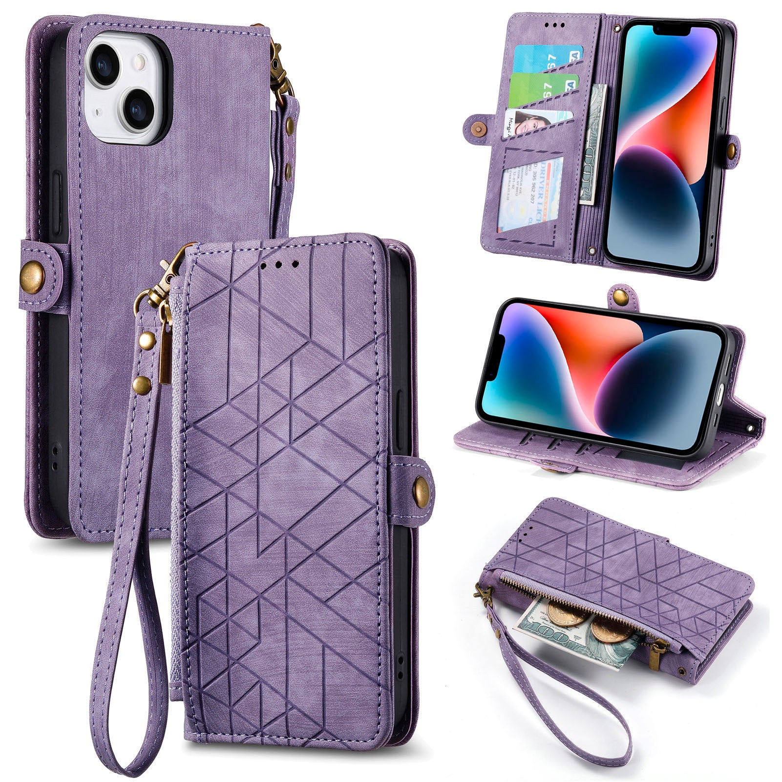 Pouzdro na zip Pocket Stand pro iPhone 14 Plus Kryt peněženky s potiskem PU kůže s geometrií