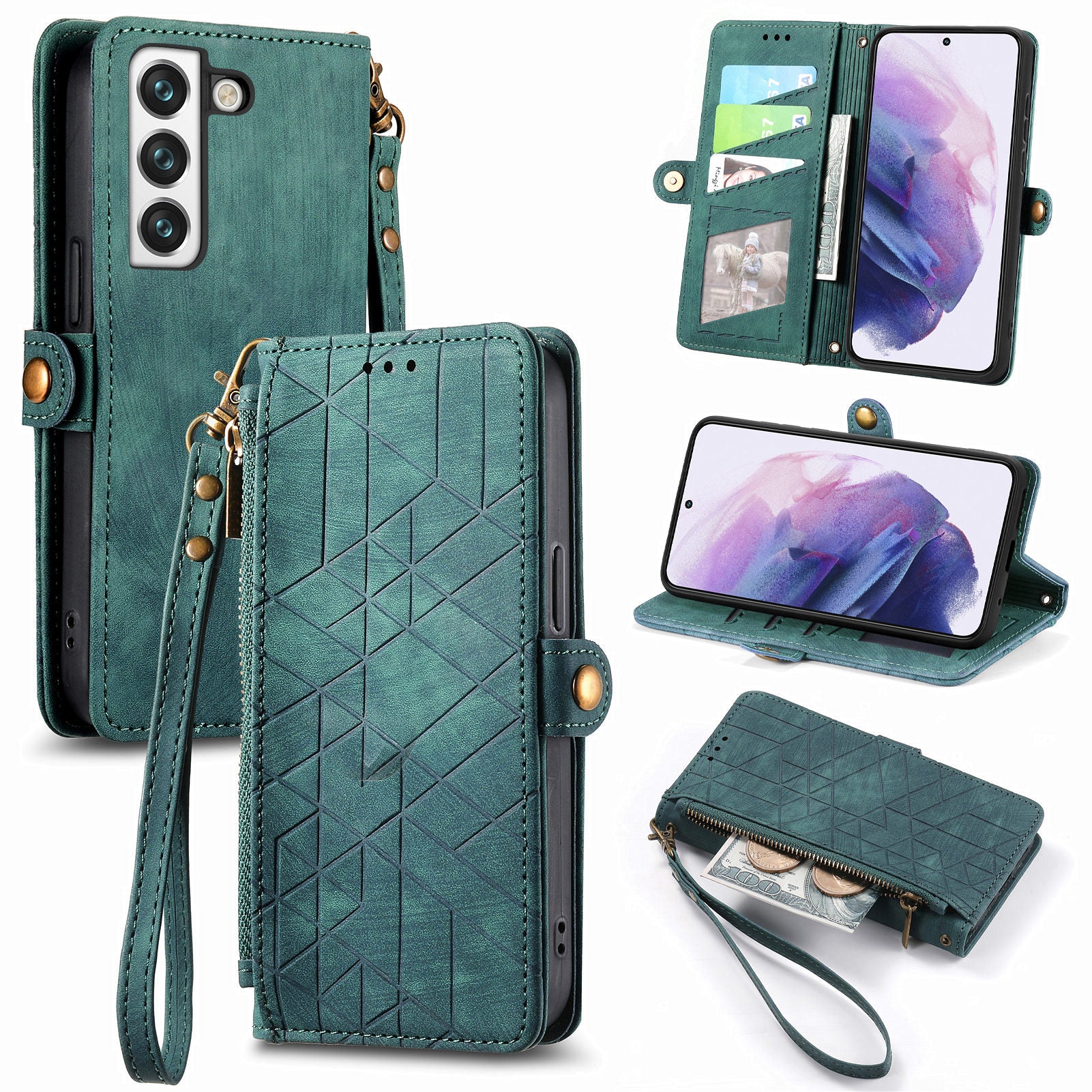 For Samsung Galaxy S22 5G Zipper Pocket Phone Case Geometry Imprinted PU Leather Wallet Stand Cover