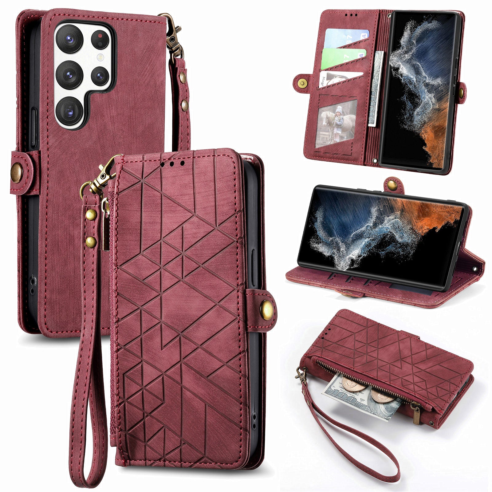 Zipper Pocket Phone Case for Samsung Galaxy S23 Ultra PU Leather Geometry Imprinted Wallet Stand Cover