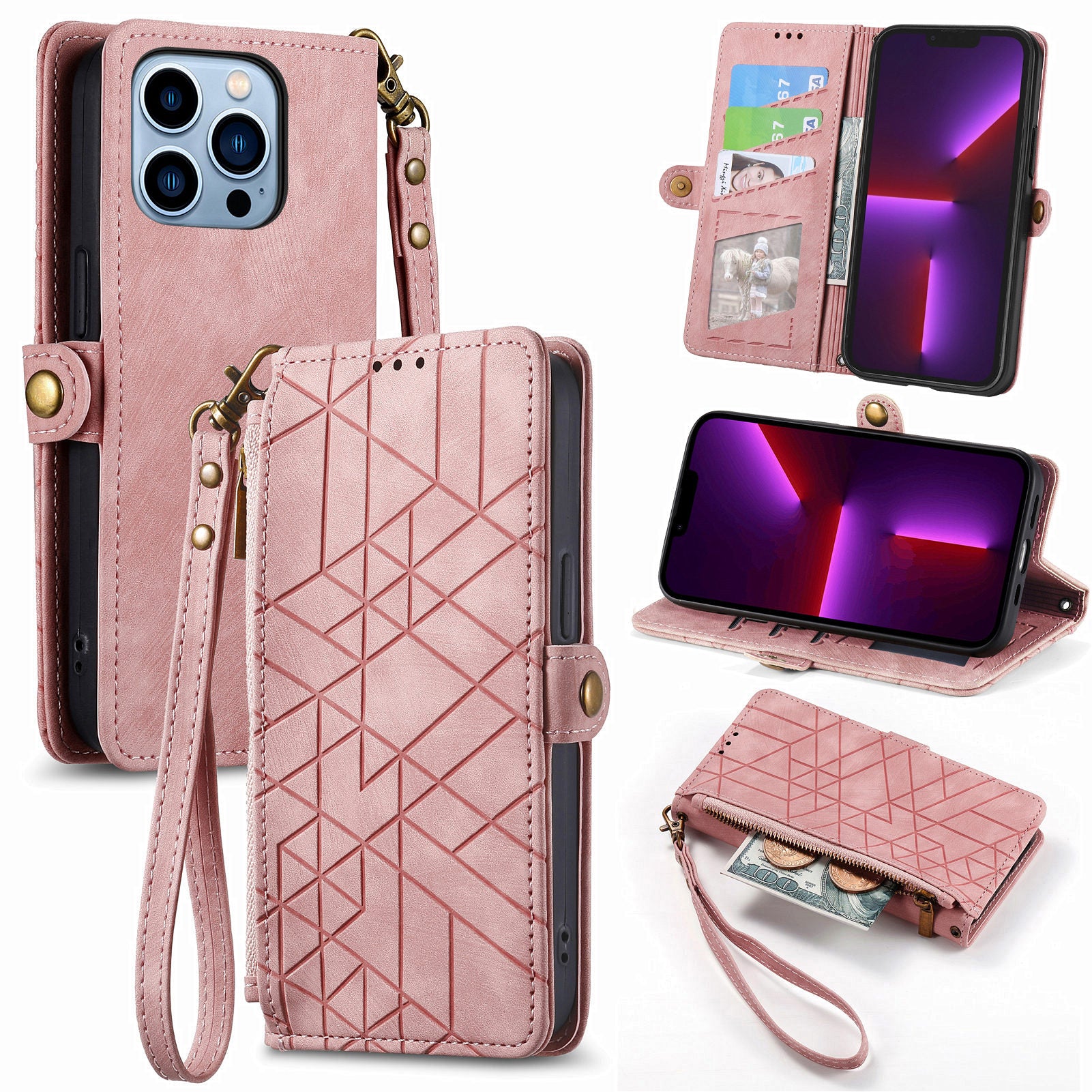 For iPhone 13 Pro Max Zipper Pocket Phone Wallet Case Geometry Imprinted PU Leather Stand Cover