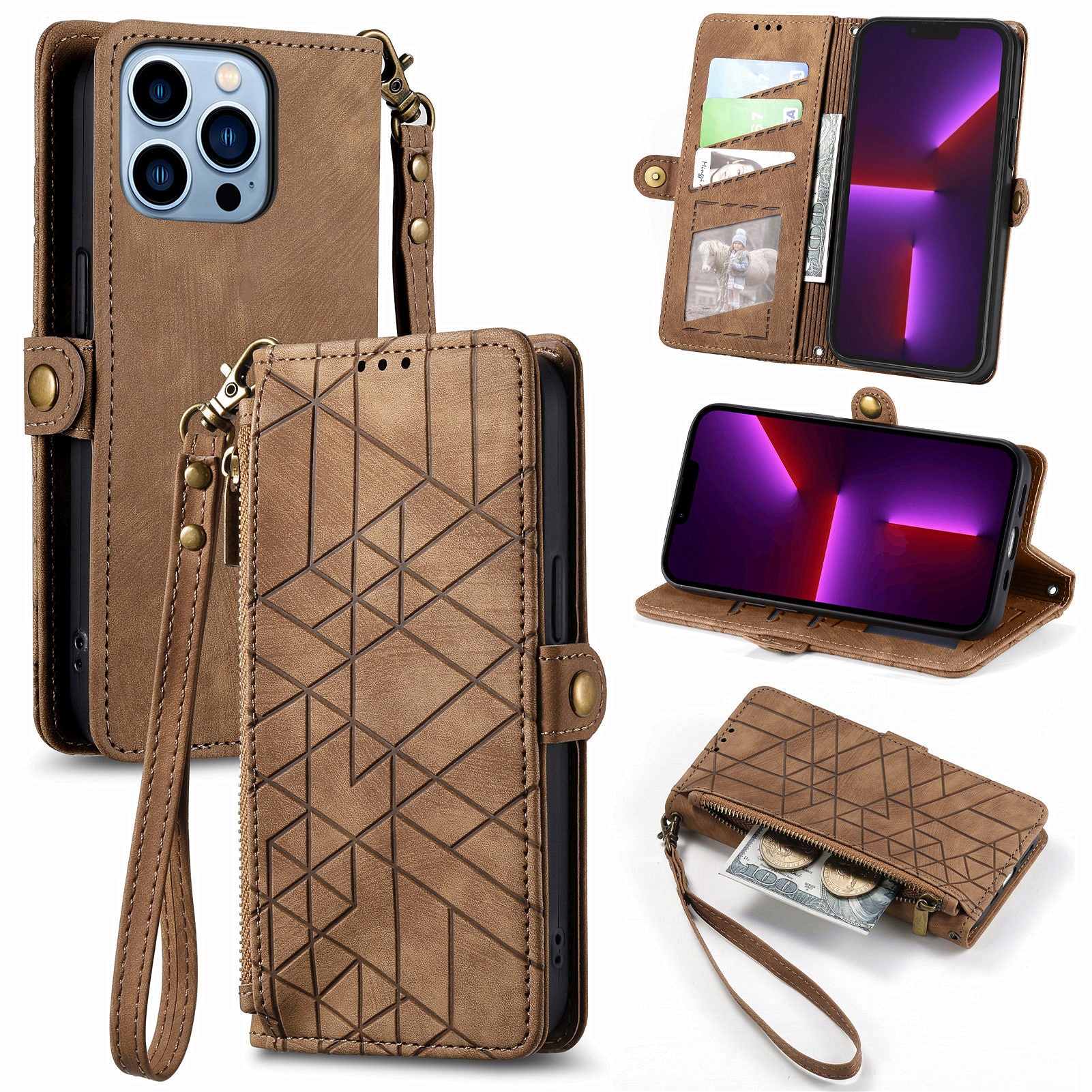 For iPhone 13 Pro Max Zipper Pocket Phone Wallet Case Geometry Imprinted PU Leather Stand Cover