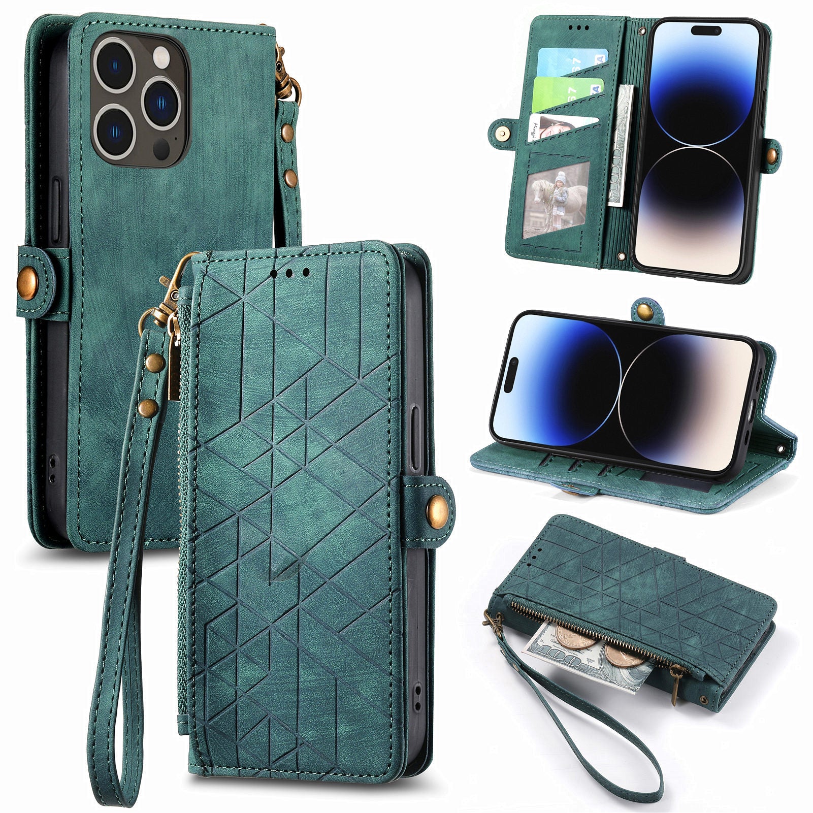 PU Leather Zipper Pocket Case for iPhone 14 Pro Max Wallet Stand Geometry Imprinted Phone Cover