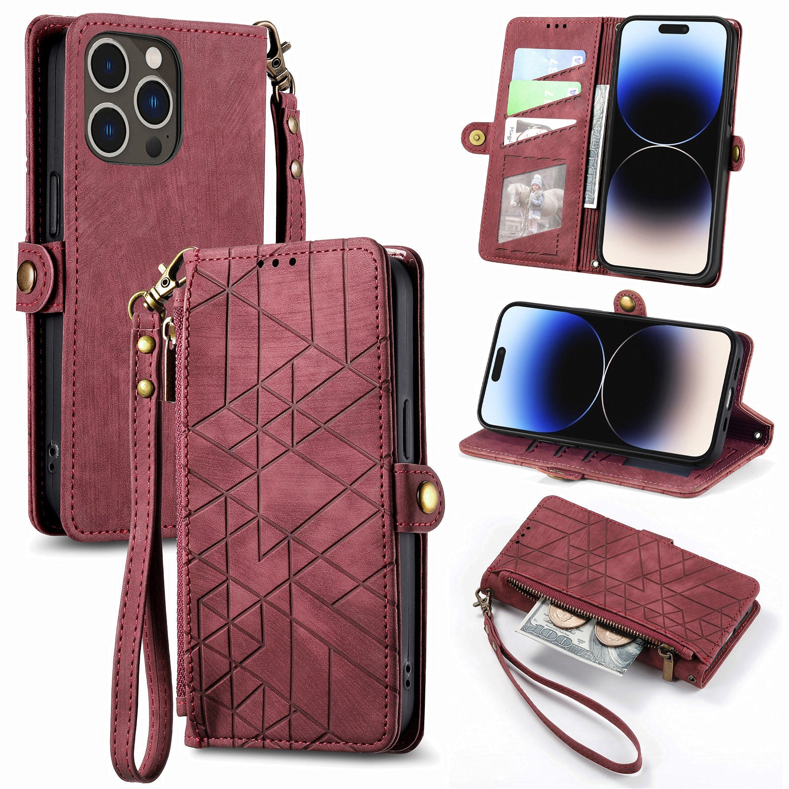 PU Leather Zipper Pocket Case for iPhone 14 Pro Max Wallet Stand Geometry Imprinted Phone Cover