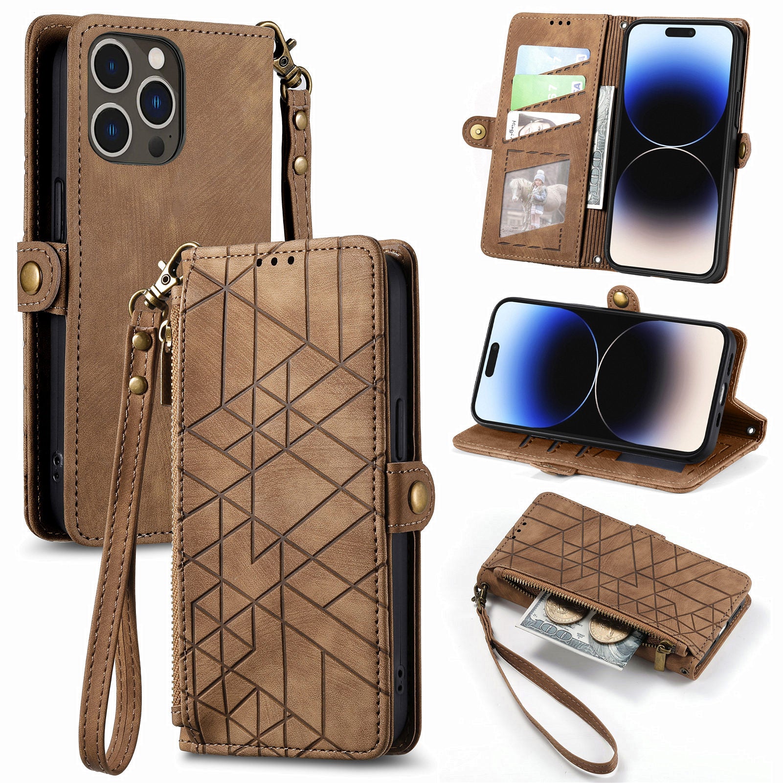 PU Leather Zipper Pocket Case for iPhone 14 Pro Max Wallet Stand Geometry Imprinted Phone Cover