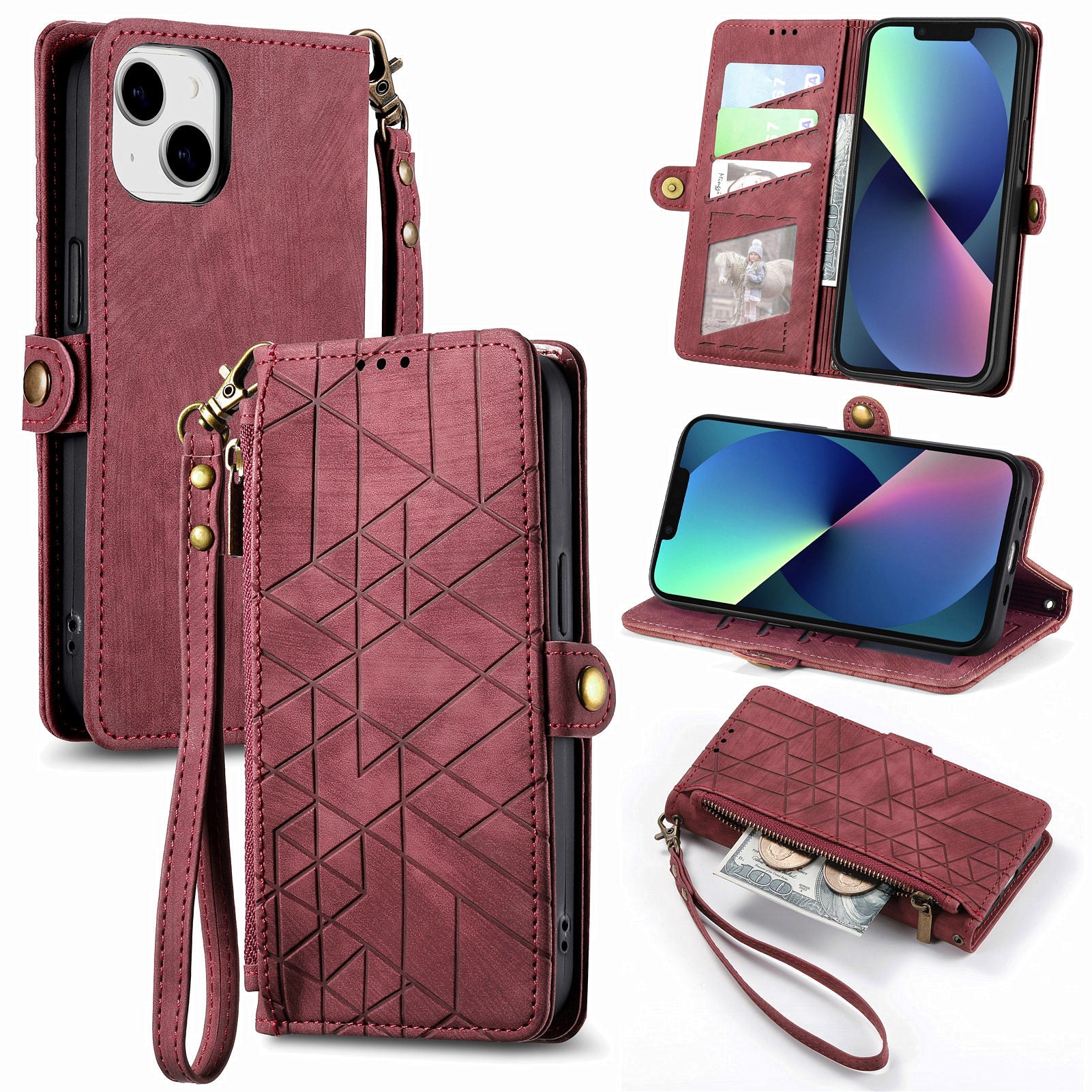Zipper Pocket Leather Phone Case for iPhone 13 Stand Geometry Imprinted Phone Wallet Cover