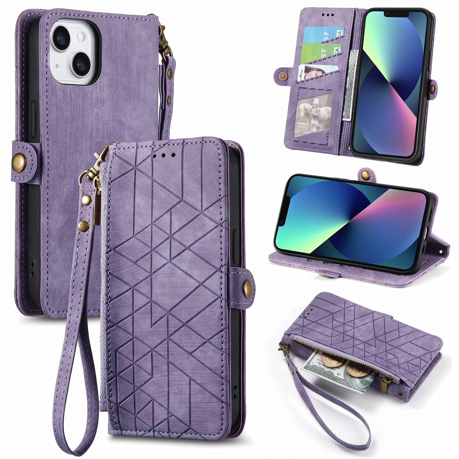 Zipper Pocket Leather Phone Case for iPhone 13 Stand Geometry Imprinted Phone Wallet Cover