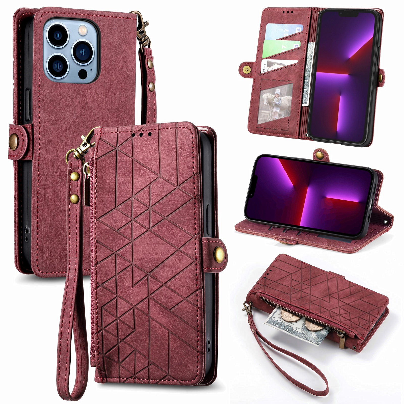 Geometry Imprinted Leather Case for iPhone 13 Pro Zipper Pocket Stand Phone Wallet Cover