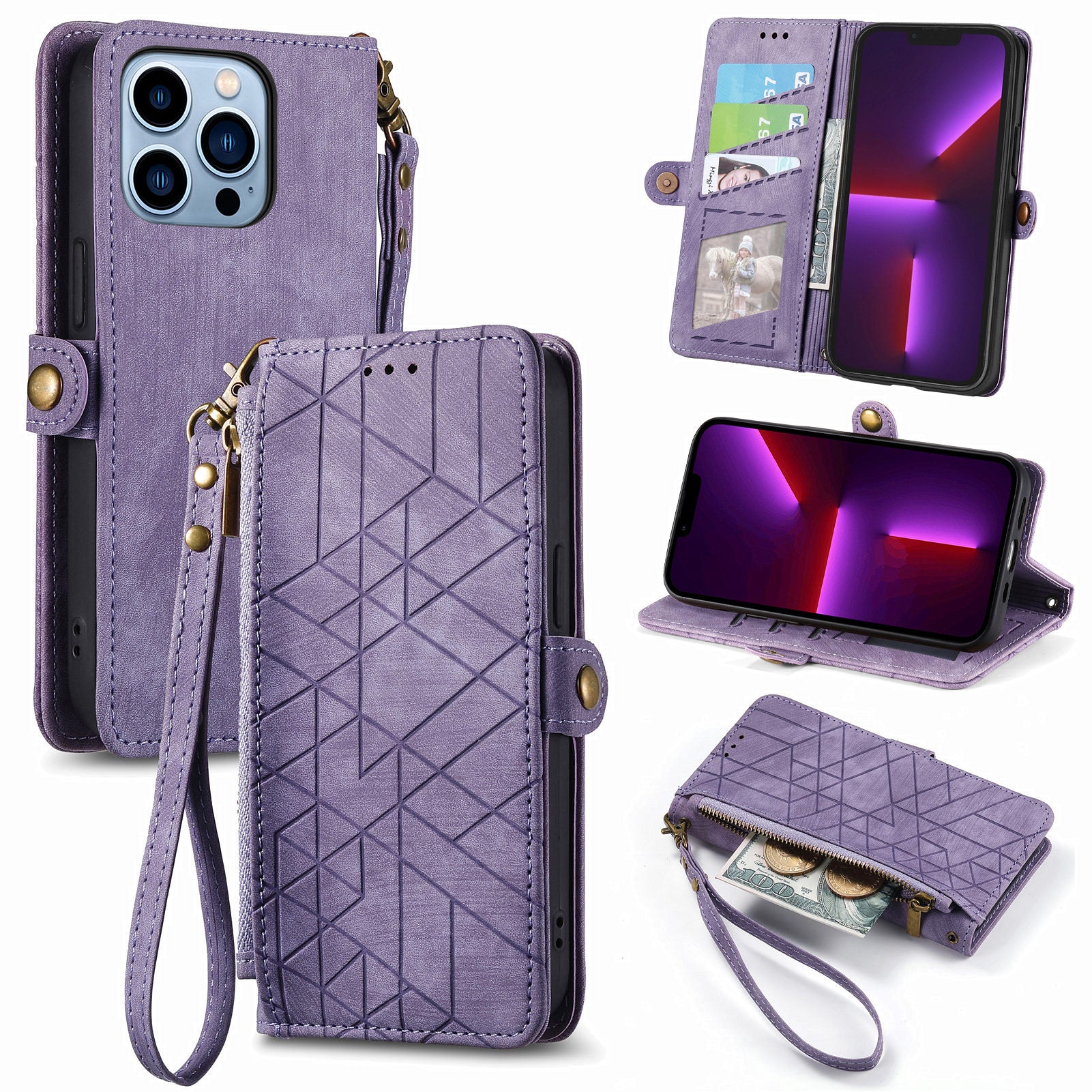 Geometry Imprinted Leather Case for iPhone 13 Pro Zipper Pocket Stand Phone Wallet Cover