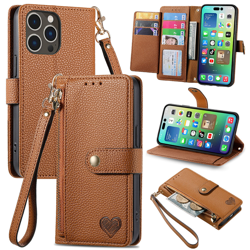 RFID Blocking Leather Phone Case for iPhone 14 Pro Zipper Pocket Phone Cover with Stand Wallet