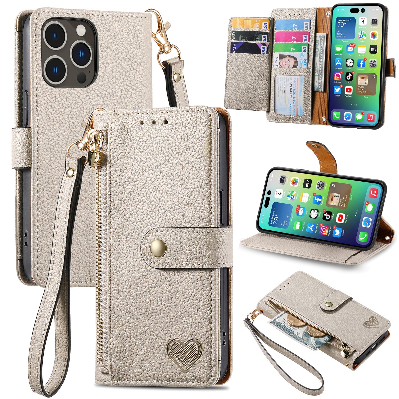 RFID Blocking Leather Phone Case for iPhone 14 Pro Zipper Pocket Phone Cover with Stand Wallet