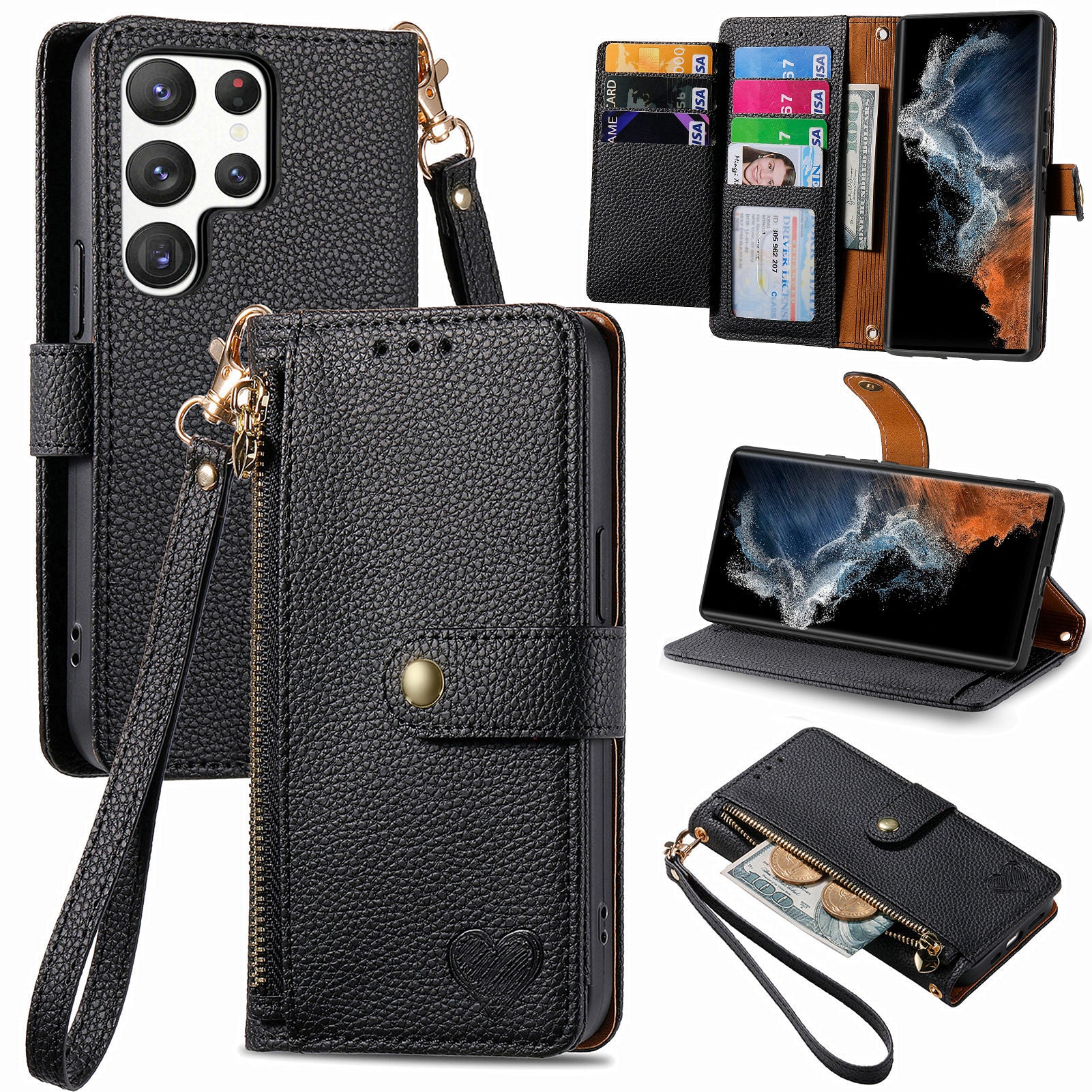 For Samsung Galaxy S23 Ultra RFID Blocking Phone Case Stand Wallet PU Leather Zipper Pocket Cover