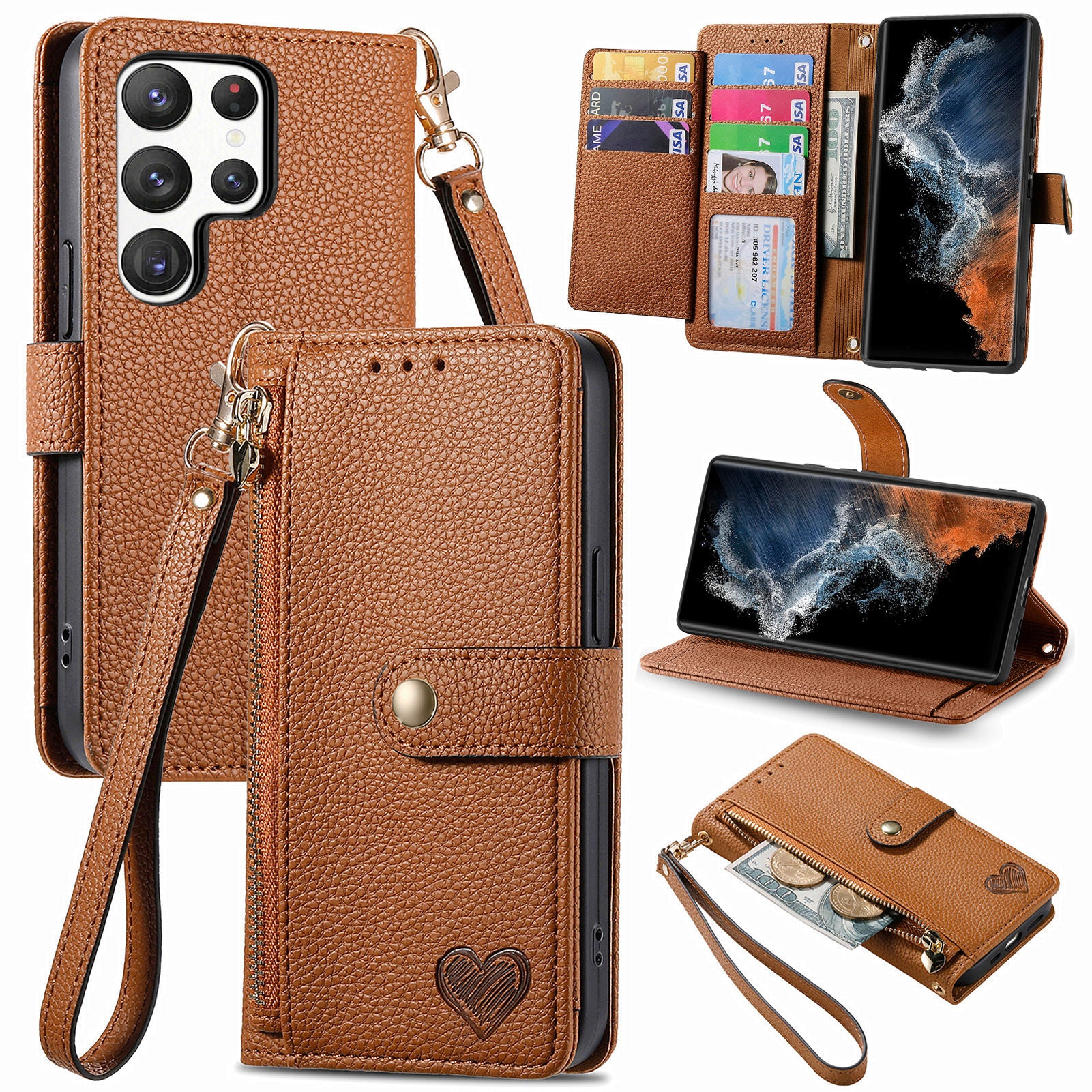 For Samsung Galaxy S23 Ultra RFID Blocking Phone Case Stand Wallet PU Leather Zipper Pocket Cover