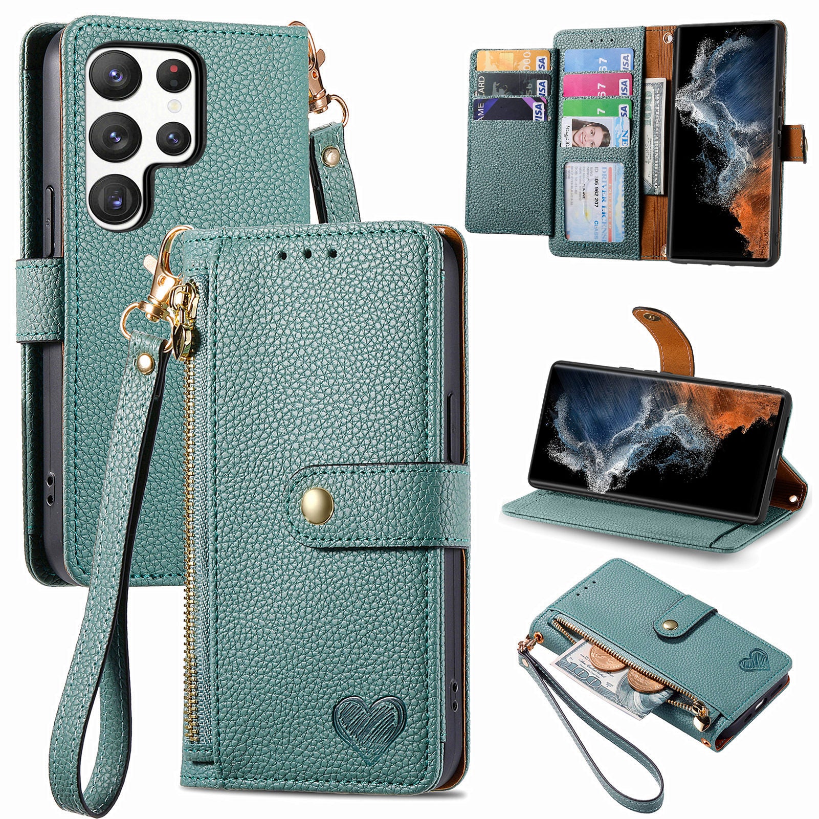 For Samsung Galaxy S23 Ultra RFID Blocking Phone Case Stand Wallet PU Leather Zipper Pocket Cover