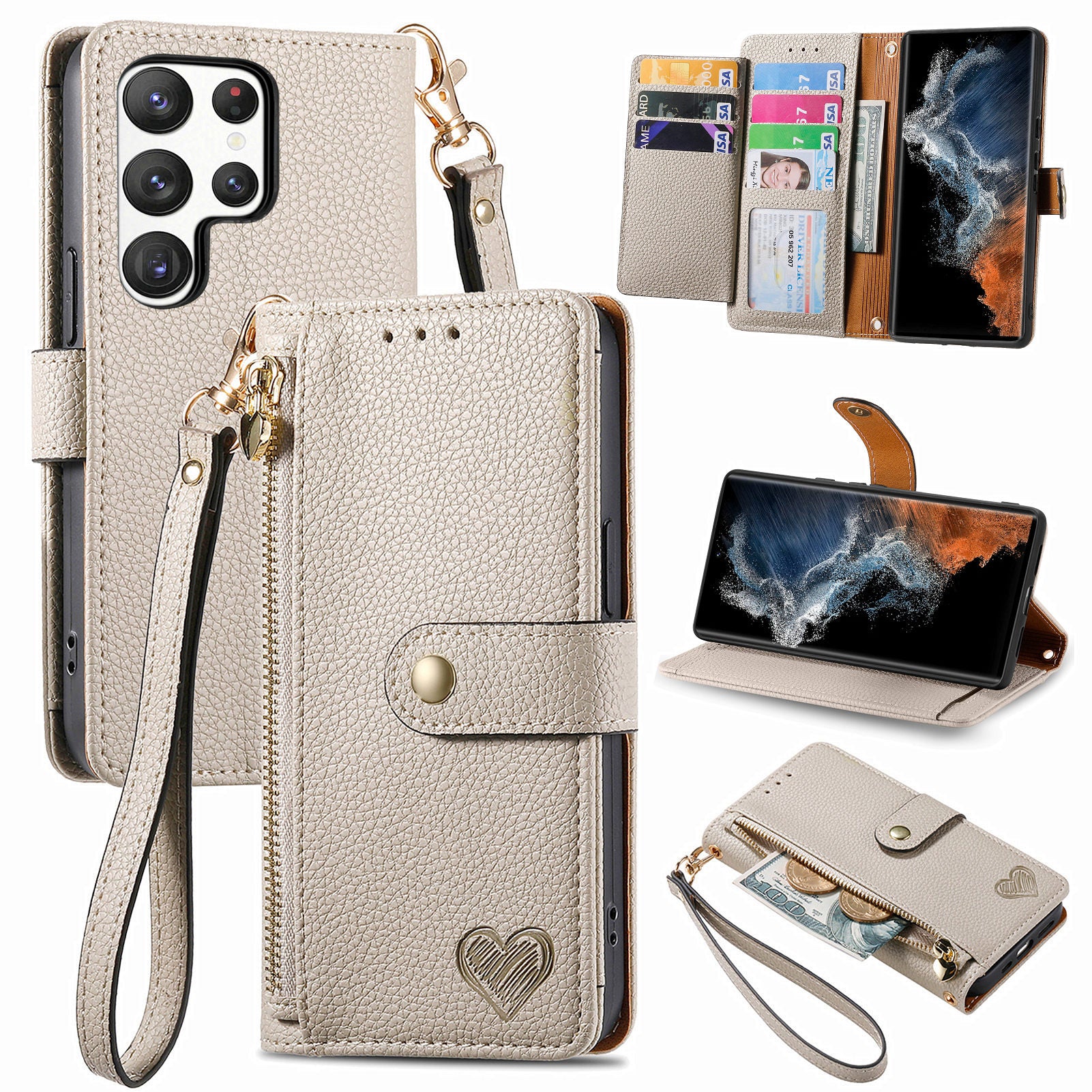 For Samsung Galaxy S23 Ultra RFID Blocking Phone Case Stand Wallet PU Leather Zipper Pocket Cover