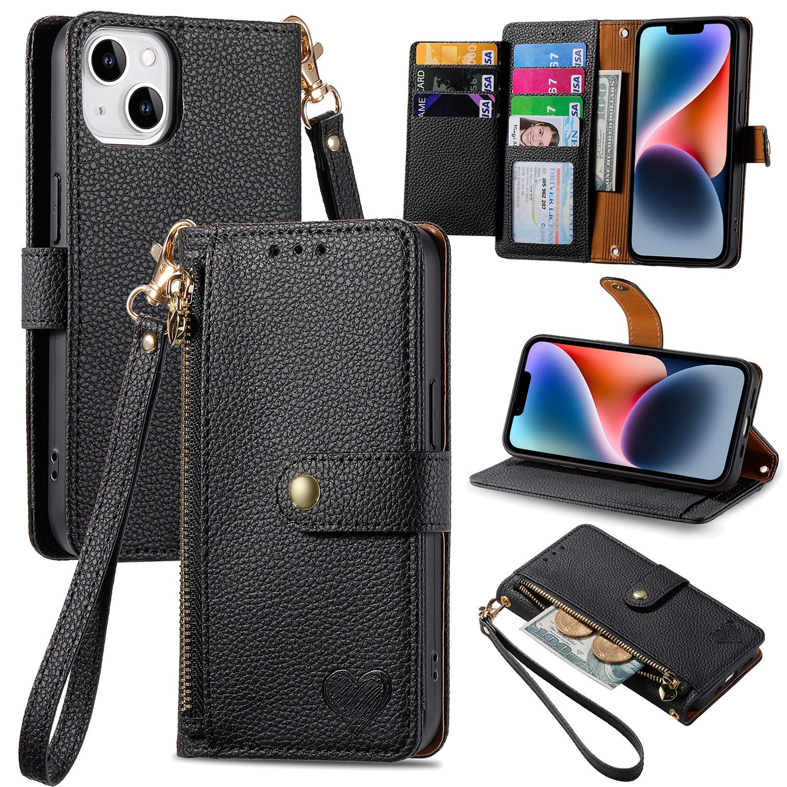 PU Leather RFID Blocking Stand Case for iPhone 14 Zipper Pocket Wallet Phone Cover