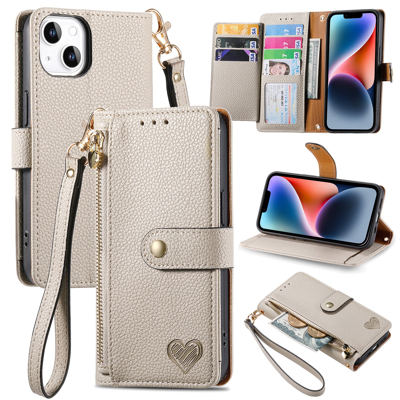 PU Leather RFID Blocking Stand Case for iPhone 14 Zipper Pocket Wallet Phone Cover