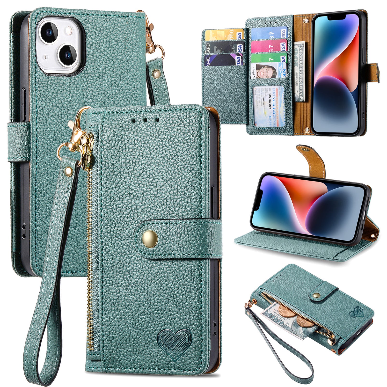 Kapesní blokovací pouzdro RFID na zip pro iPhone 14 Plus PU kožený kryt na telefon