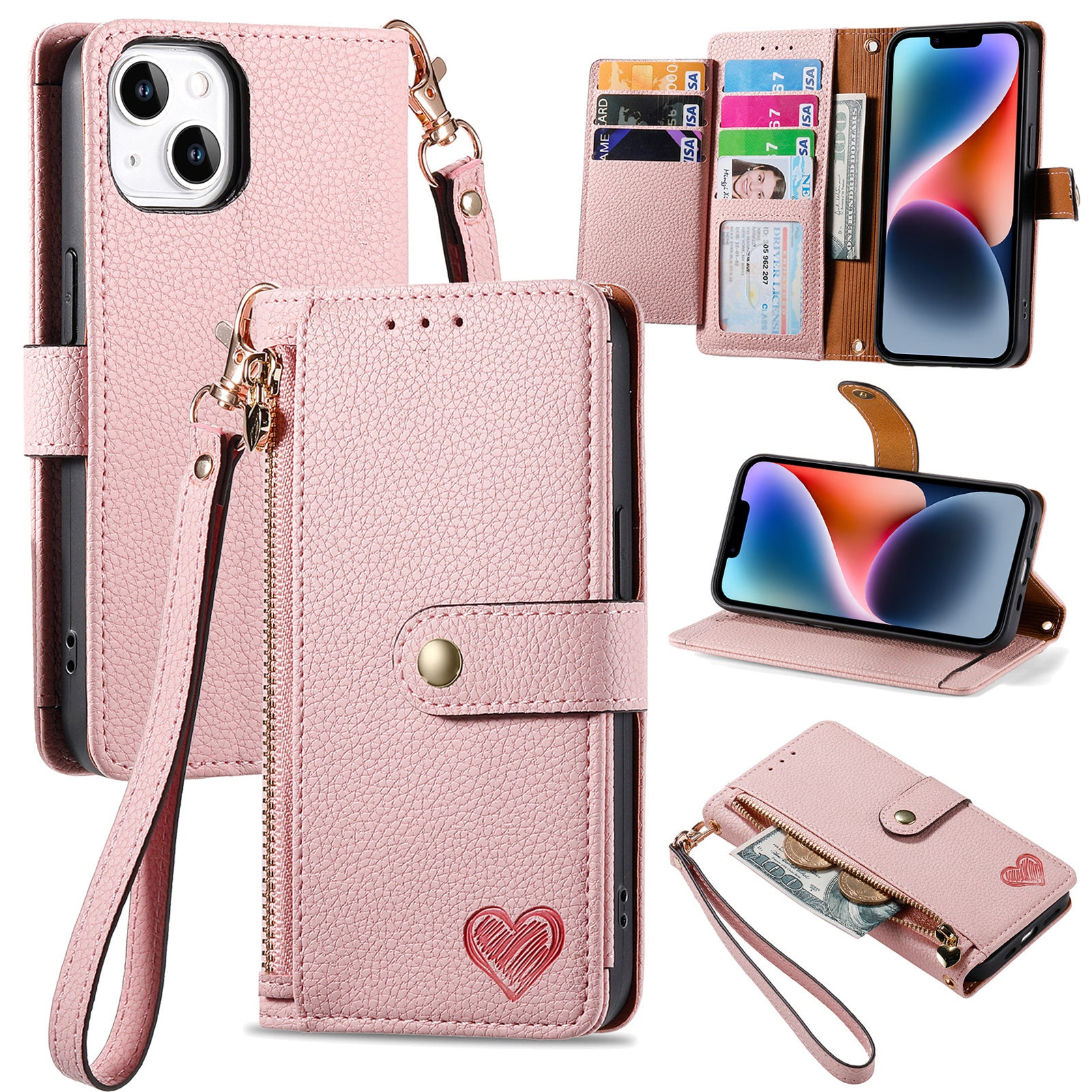 Kapesní blokovací pouzdro RFID na zip pro iPhone 14 Plus PU kožený kryt na telefon