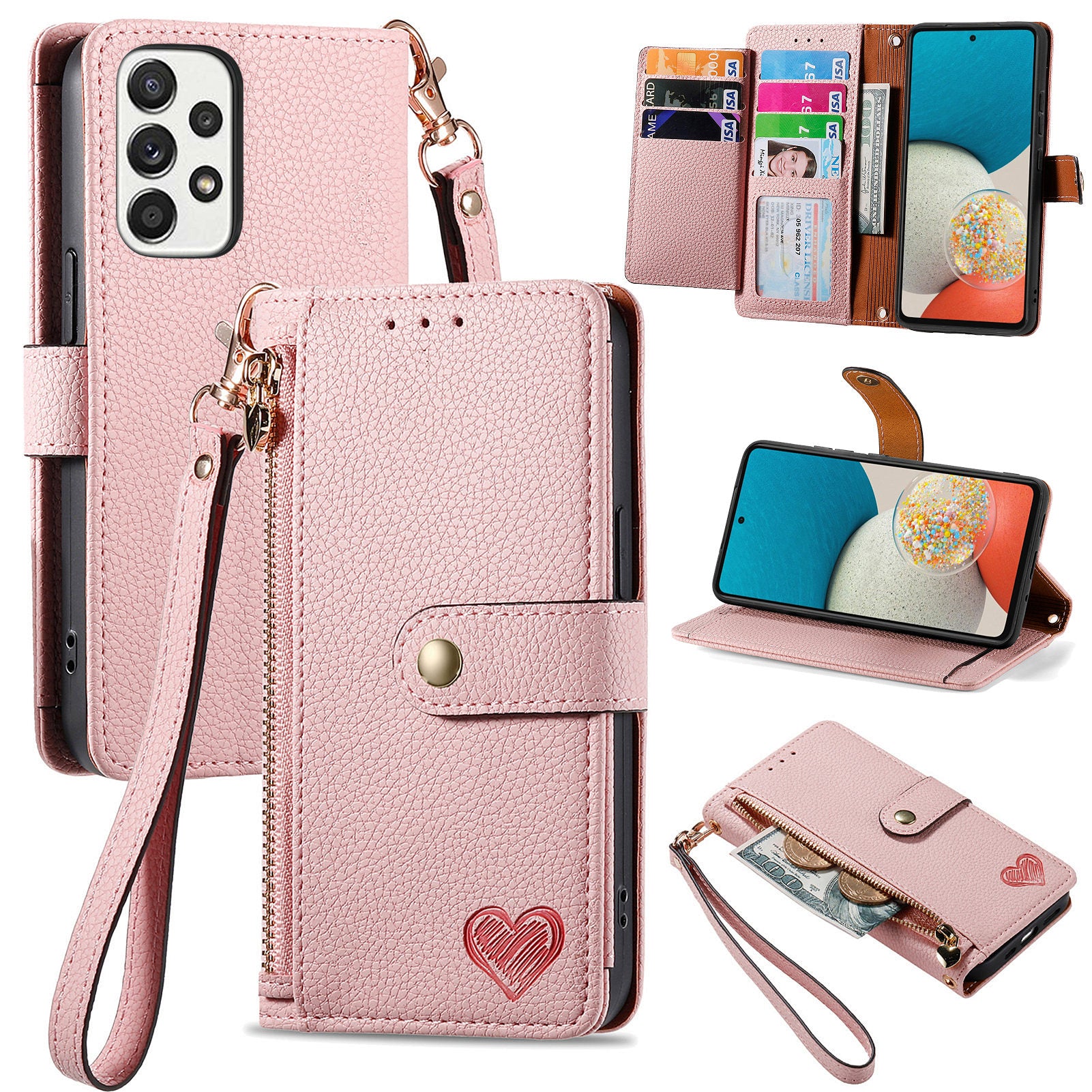 Wallet Stand Case for Samsung Galaxy A53 5G RFID Blocking PU Leather Zipper Pocket Phone Cover