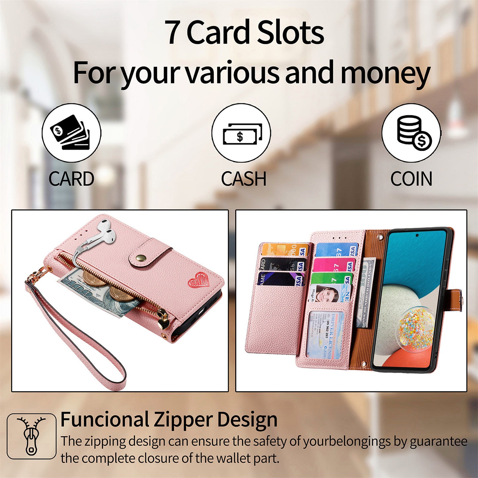 Wallet Stand Case for Samsung Galaxy A53 5G RFID Blocking PU Leather Zipper Pocket Phone Cover