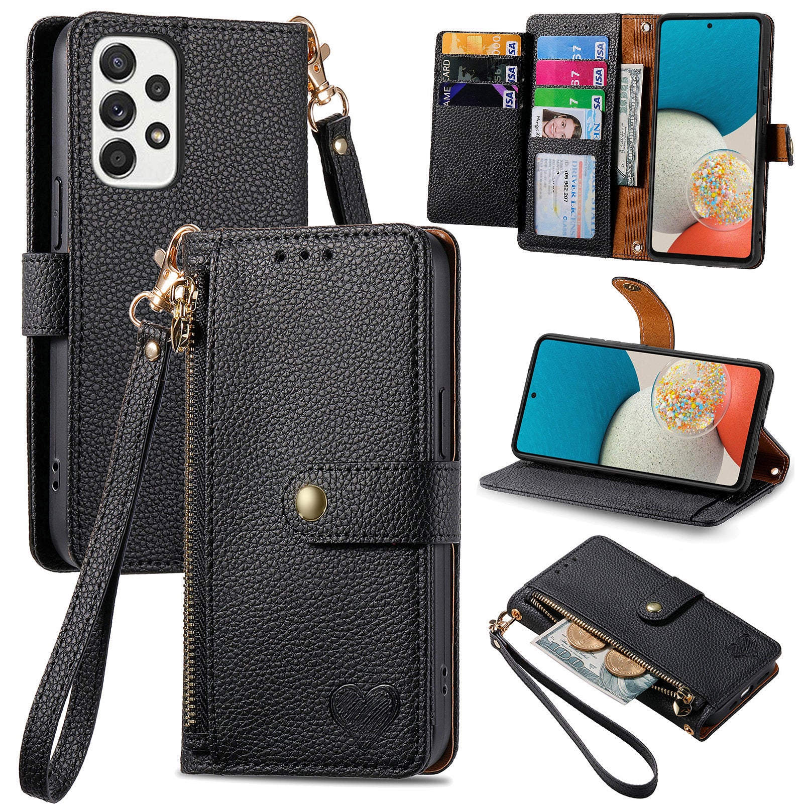 Wallet Stand Case for Samsung Galaxy A53 5G RFID Blocking PU Leather Zipper Pocket Phone Cover