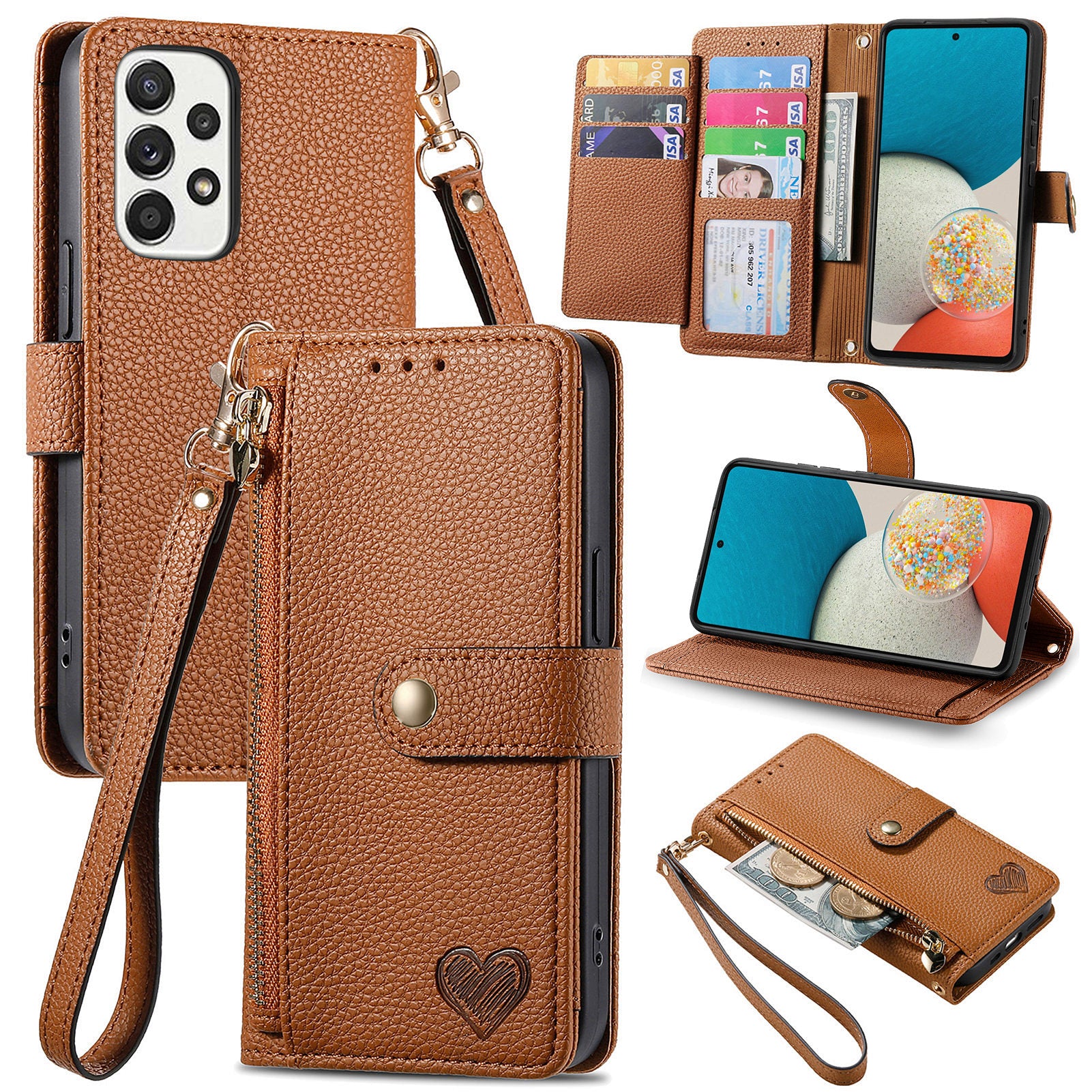 Wallet Stand Case for Samsung Galaxy A53 5G RFID Blocking PU Leather Zipper Pocket Phone Cover