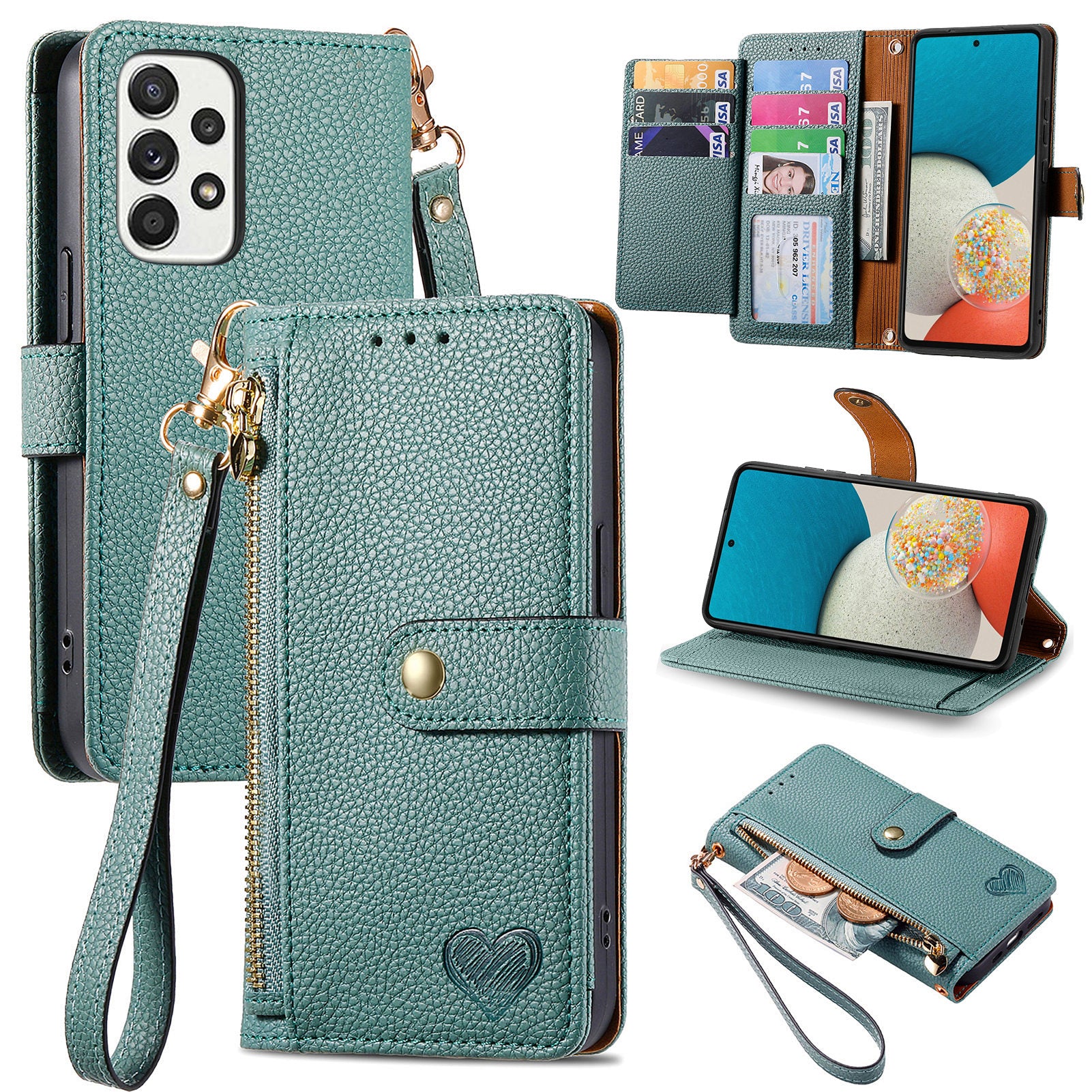 Wallet Stand Case for Samsung Galaxy A53 5G RFID Blocking PU Leather Zipper Pocket Phone Cover