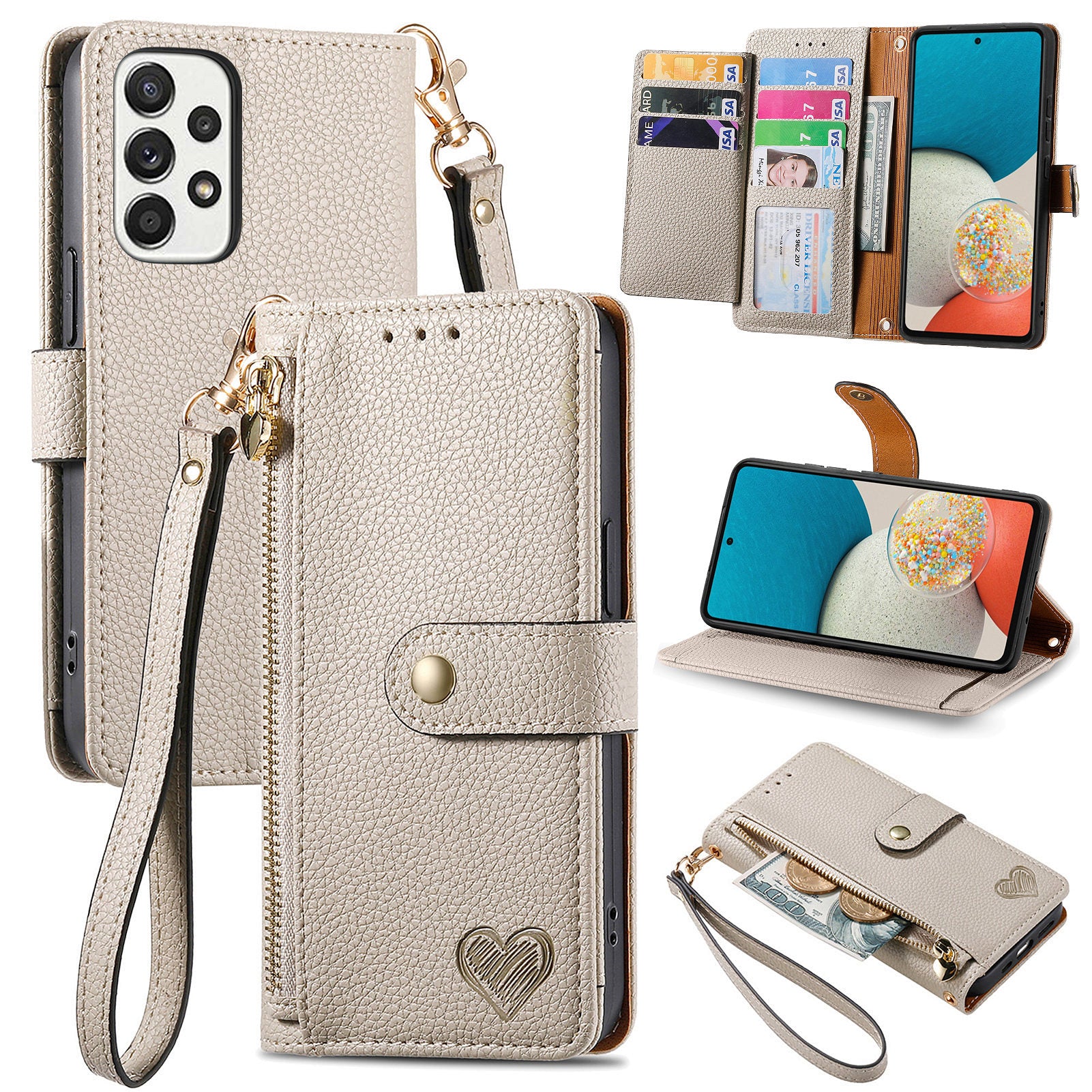 Wallet Stand Case for Samsung Galaxy A53 5G RFID Blocking PU Leather Zipper Pocket Phone Cover