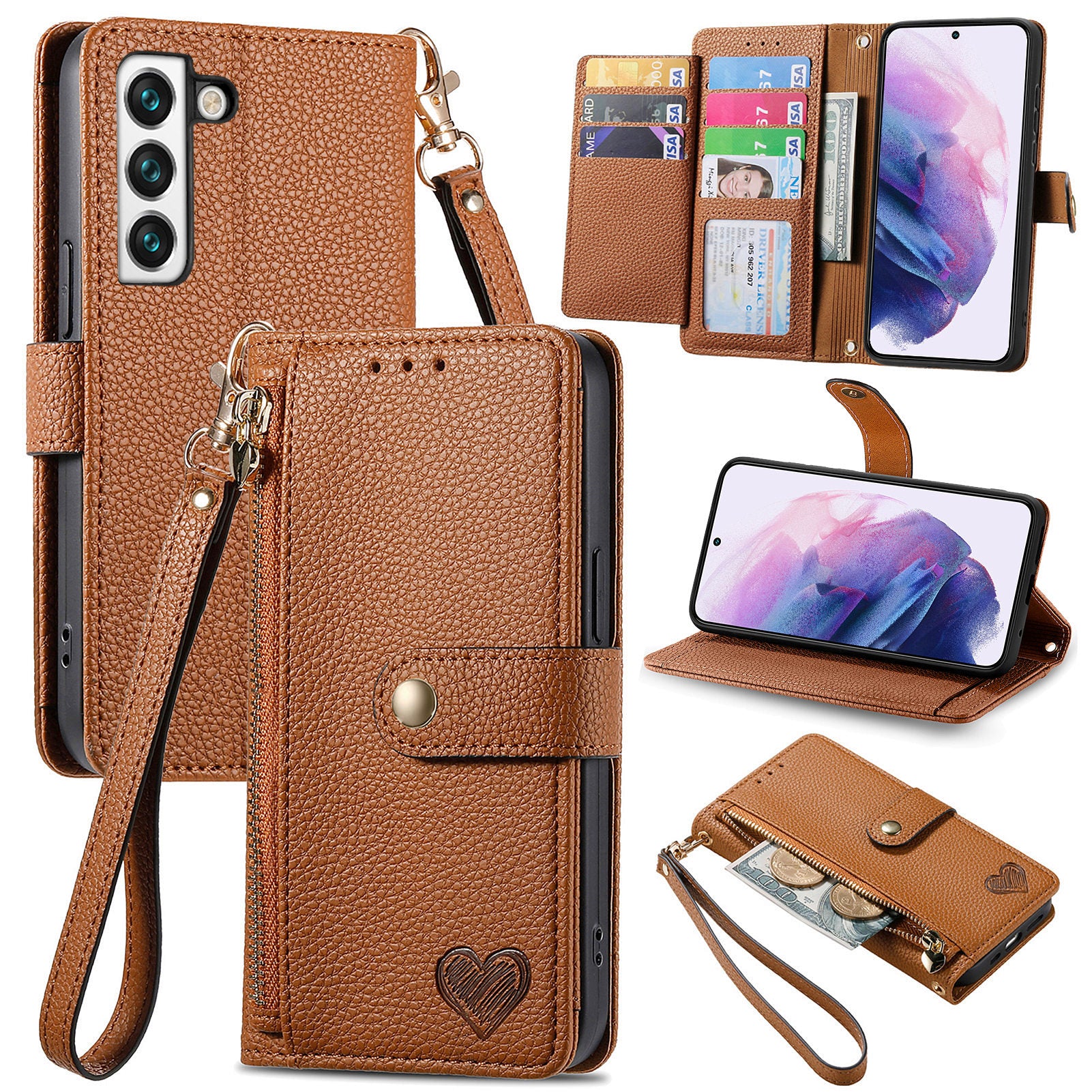 For Samsung Galaxy S22 5G PU Leather RFID Blocking Phone Case Zipper Pocket Wallet Stand Cover
